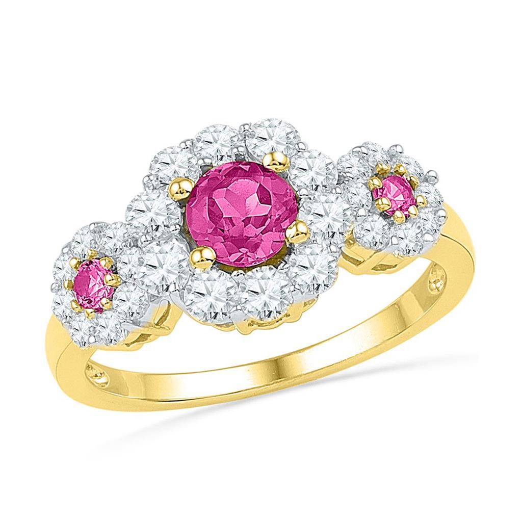 Image of ID 1 10k Yellow Gold Round Created Pink Sapphire 3-stone Ring 2 Cttw