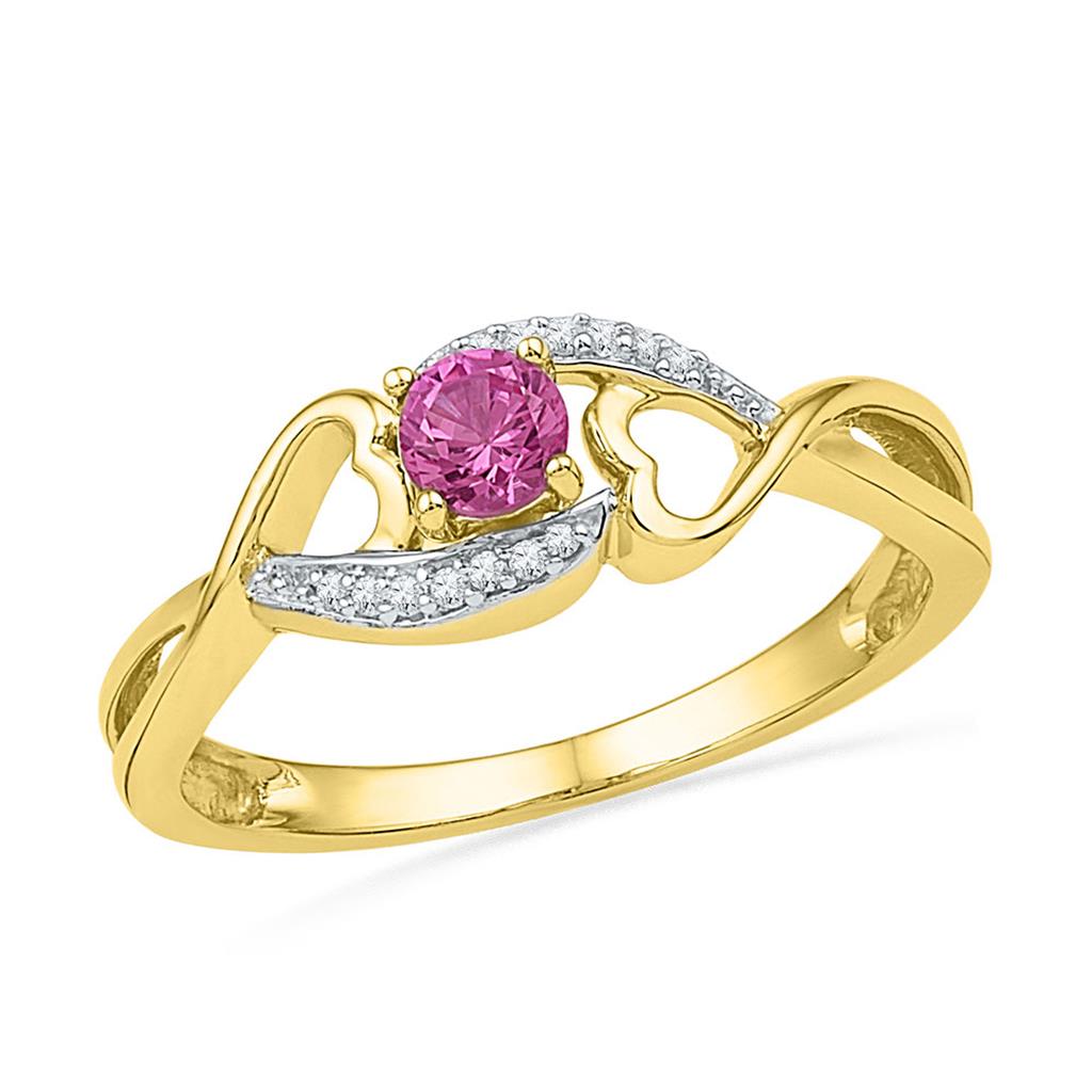 Image of ID 1 10k Yellow Gold Round Created Pink Sapphire Diamond Heart Ring 1/20 Cttw