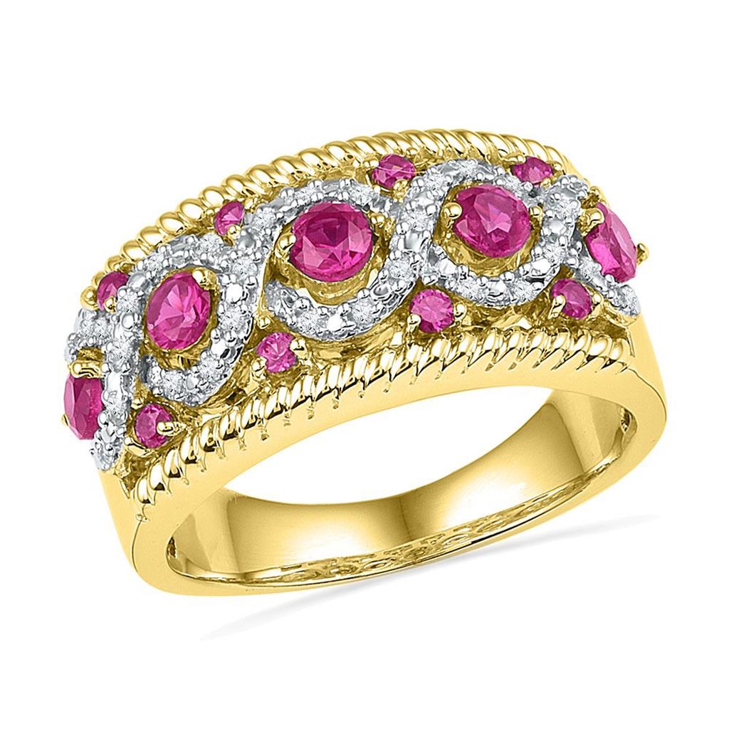 Image of ID 1 10k Yellow Gold Round Created Pink Sapphire Diamond Roped Band 1/10 Cttw