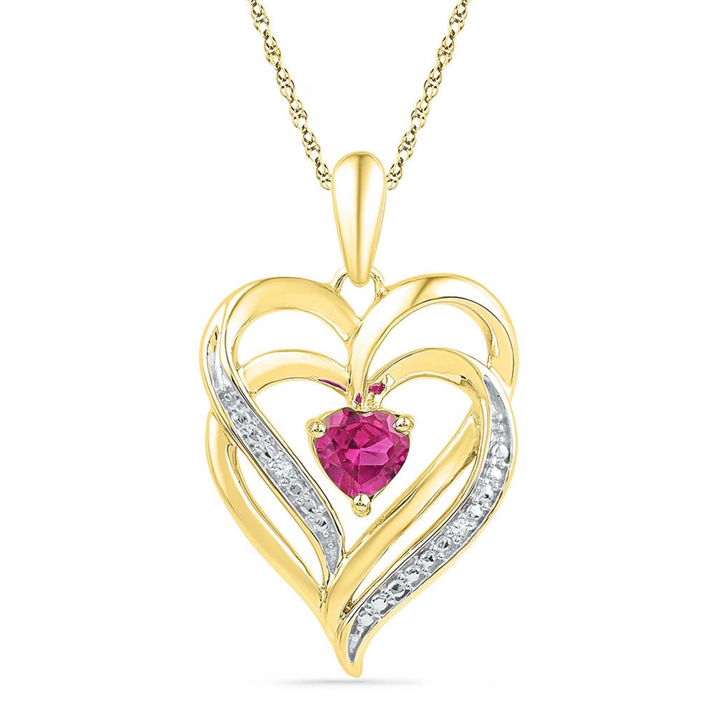 Image of ID 1 10k Yellow Gold Round Created Pink Sapphire Double Heart Pendant 01 Cttw