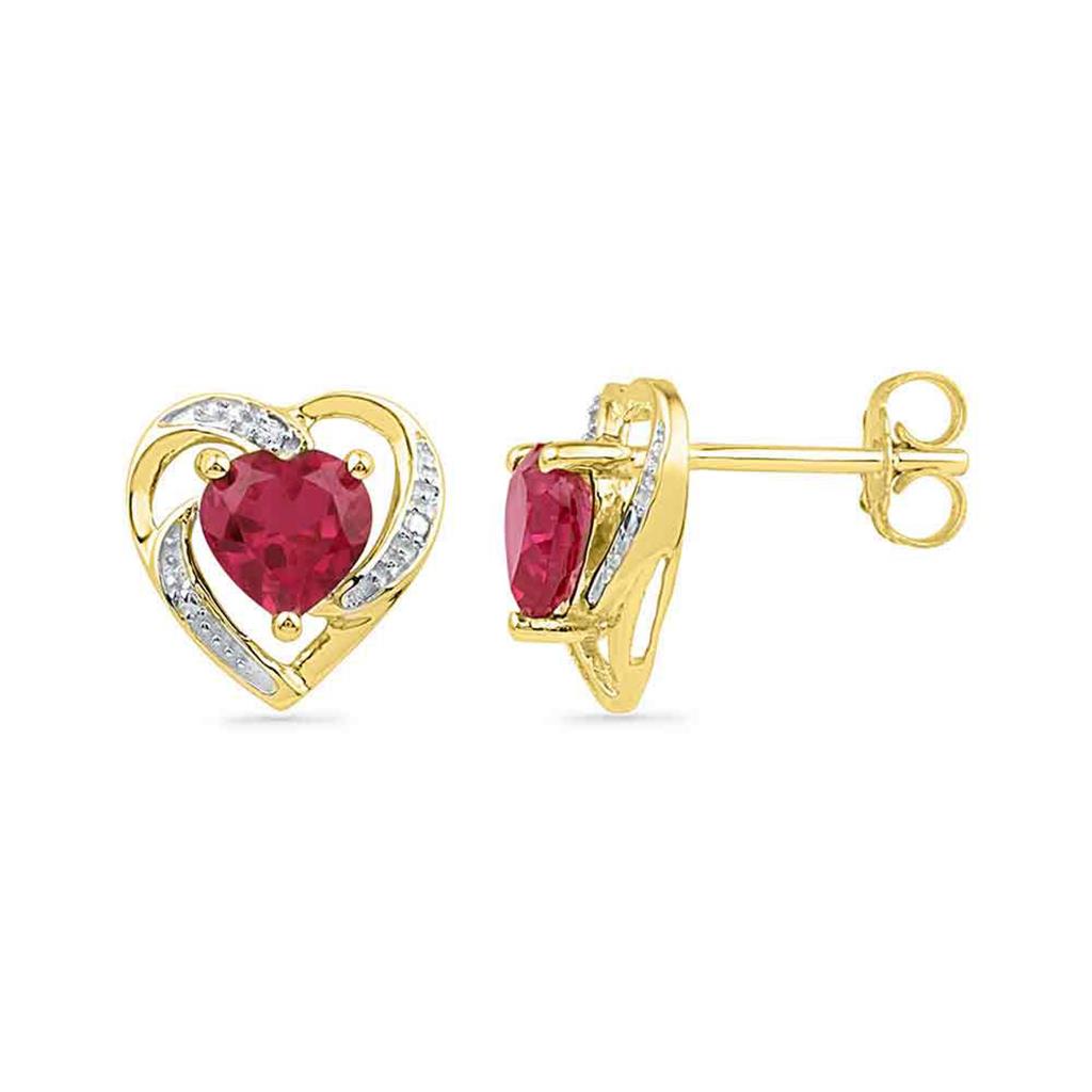 Image of ID 1 10k Yellow Gold Round Created Ruby Diamond Heart Earrings 3/8 Cttw
