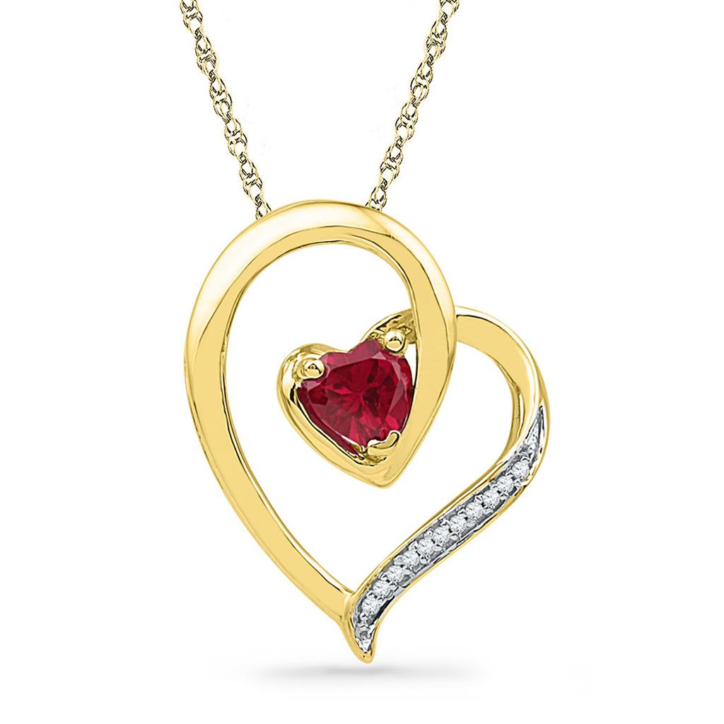 Image of ID 1 10k Yellow Gold Round Created Ruby Heart Pendant 03 Cttw