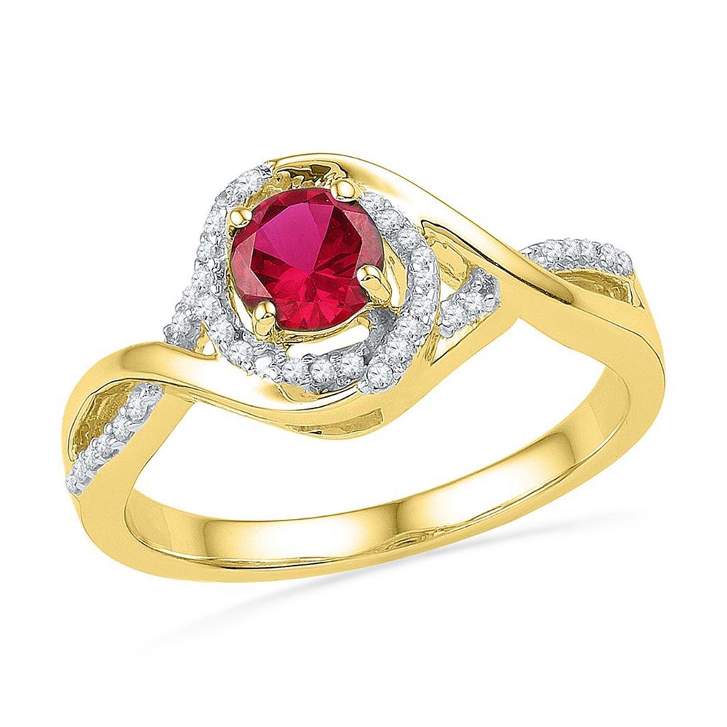 Image of ID 1 10k Yellow Gold Round Created Ruby Solitaire Diamond Twist Ring 3/4 Cttw