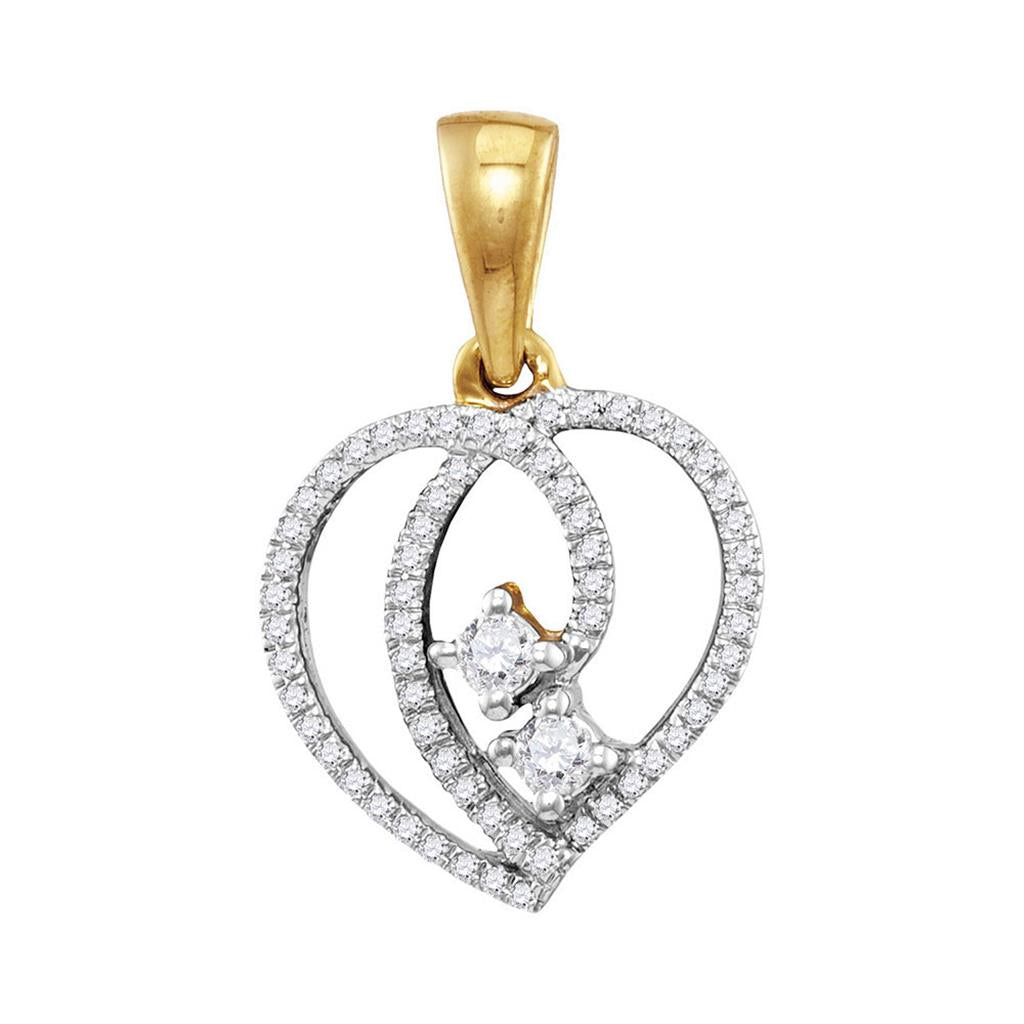 Image of ID 1 10k Yellow Gold Round Diamond 2-Stone Hearts Together Heart Pendant 1/6 Cttw