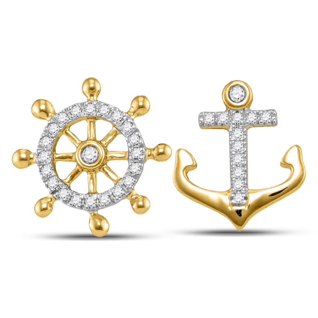 Image of ID 1 10k Yellow Gold Round Diamond Anchor Wheel Nautical Earrings 1/10 Cttw