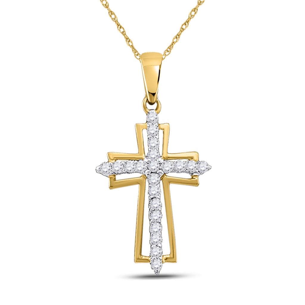 Image of ID 1 10k Yellow Gold Round Diamond Cross Outline Religious Pendant 1/4 Cttw