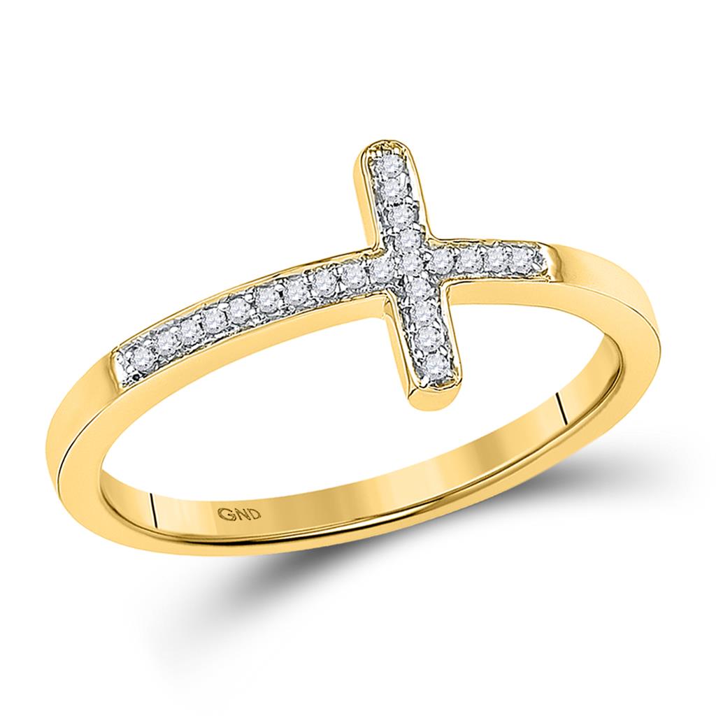 Image of ID 1 10k Yellow Gold Round Diamond Cross Religious Band Ring 1/20 Cttw