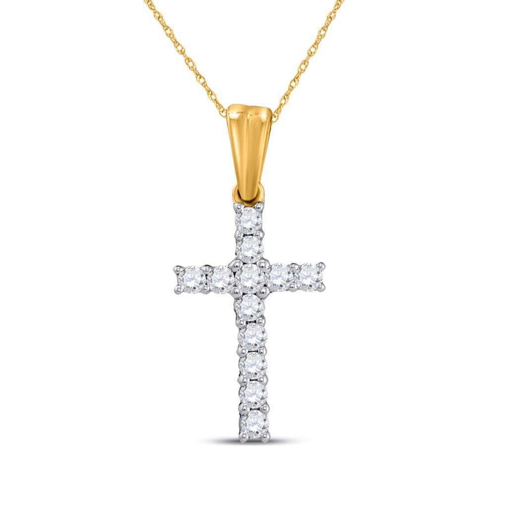 Image of ID 1 10k Yellow Gold Round Diamond Cross Religious Pendant 1/4 Cttw