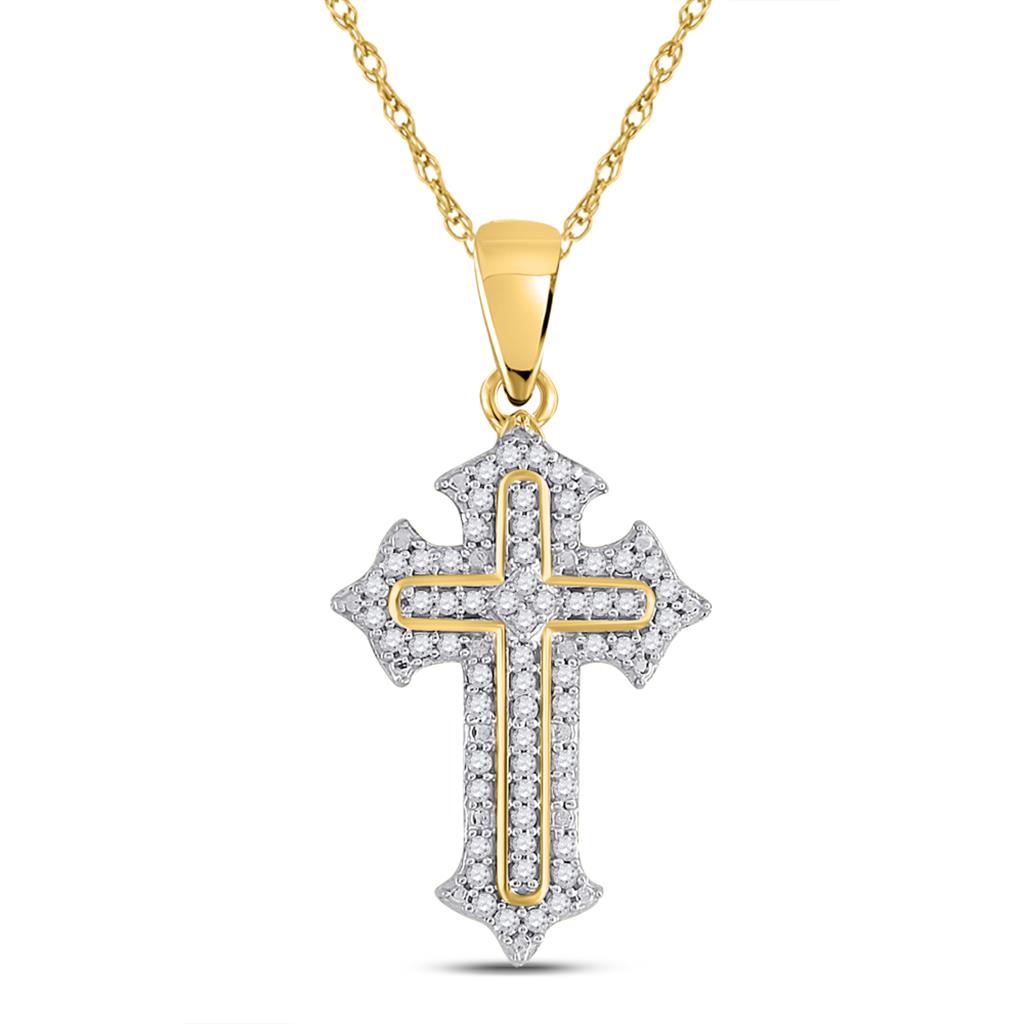 Image of ID 1 10k Yellow Gold Round Diamond Cross Religious Pendant 1/5 Cttw