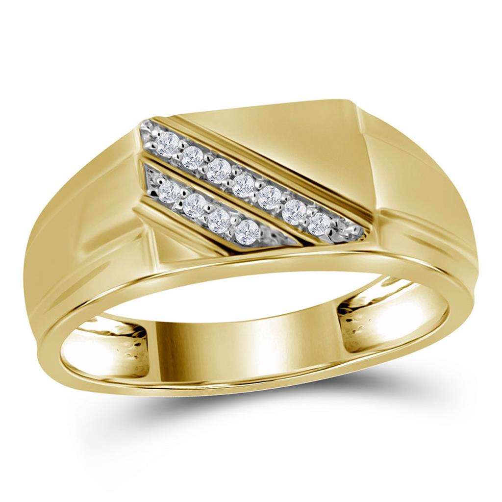 Image of ID 1 10k Yellow Gold Round Diamond Diagonal Row Flat Top Fashion Ring 1/12 Cttw