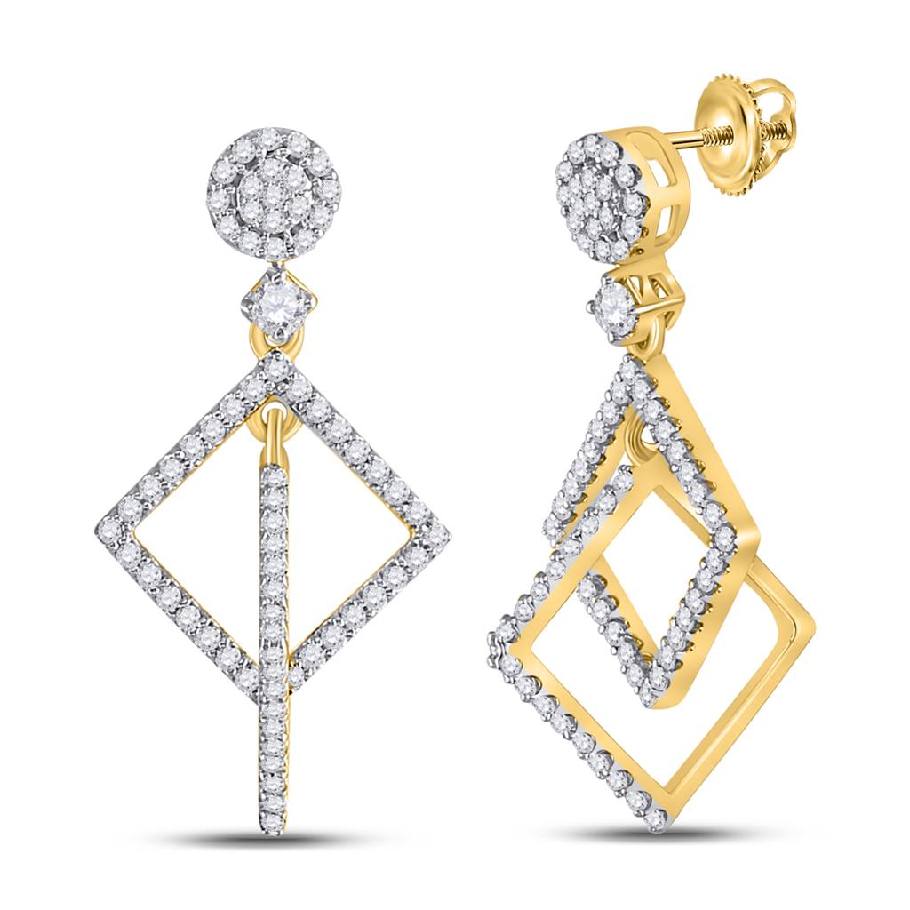 Image of ID 1 10k Yellow Gold Round Diamond Diagonal Square Dangle Earrings 3/8 Cttw