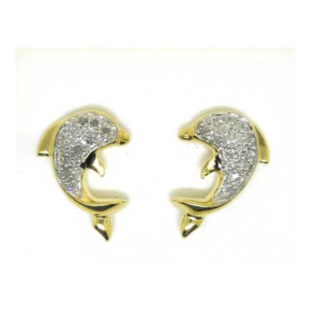 Image of ID 1 10k Yellow Gold Round Diamond Dolphin Earrings 1/6 Cttw