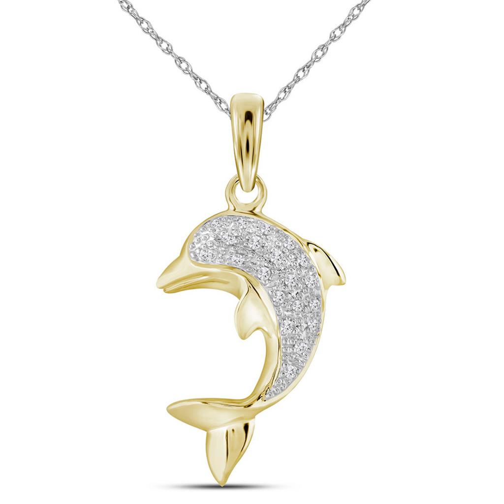 Image of ID 1 10k Yellow Gold Round Diamond Dolphin Nautical Animal Pendant 1/10 Cttw
