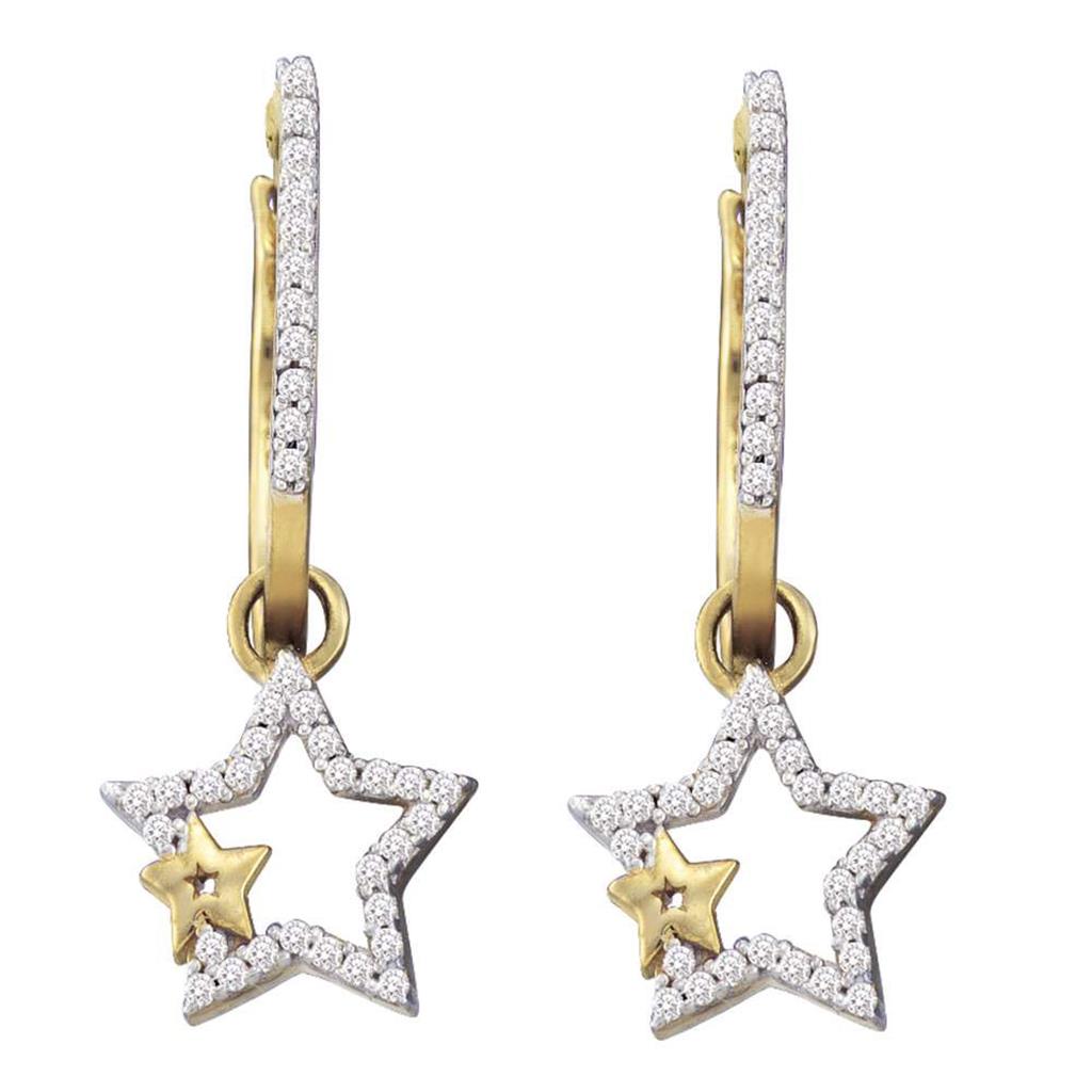 Image of ID 1 10k Yellow Gold Round Diamond Double Star Dangle Earrings 1/4 Cttw