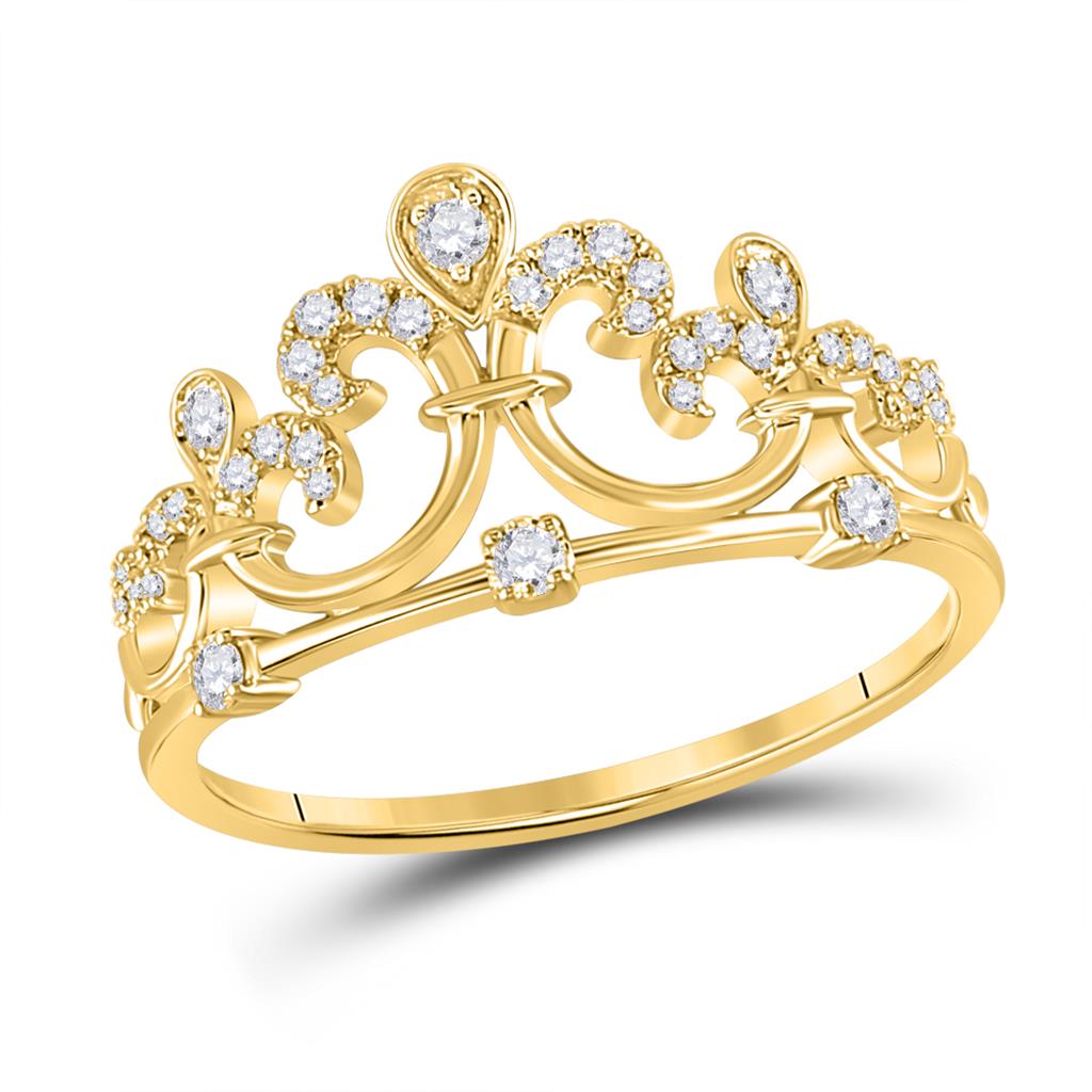 Image of ID 1 10k Yellow Gold Round Diamond Filigree Crown Fashion Ring 1/5 Ctw