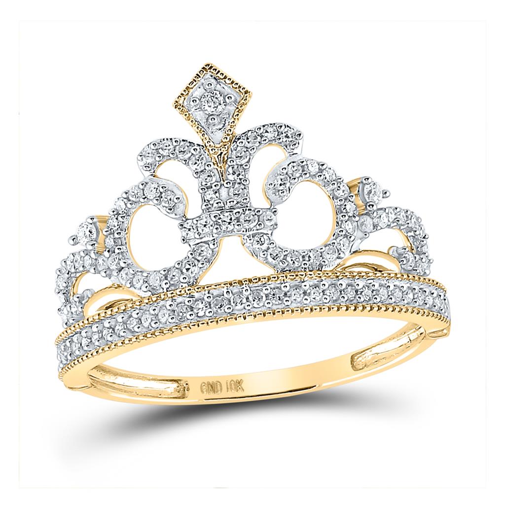 Image of ID 1 10k Yellow Gold Round Diamond Fleur Crown Tiara Fashion Ring 1/5 Cttw