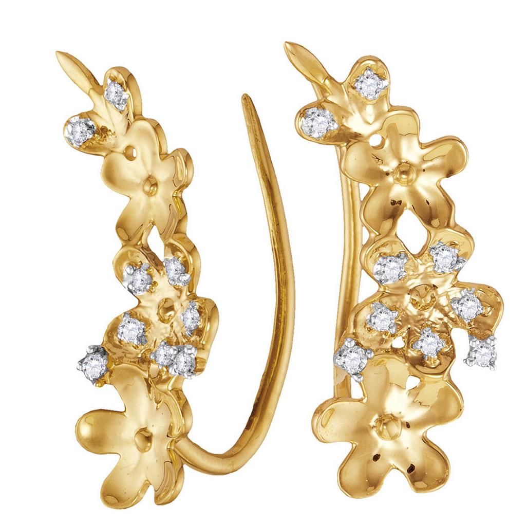 Image of ID 1 10k Yellow Gold Round Diamond Floral Climber Earrings 1/10 Cttw