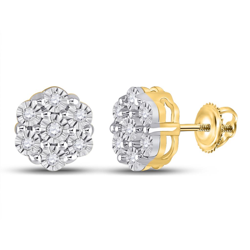 Image of ID 1 10k Yellow Gold Round Diamond Flower Cluster Earrings 1/10 Cttw