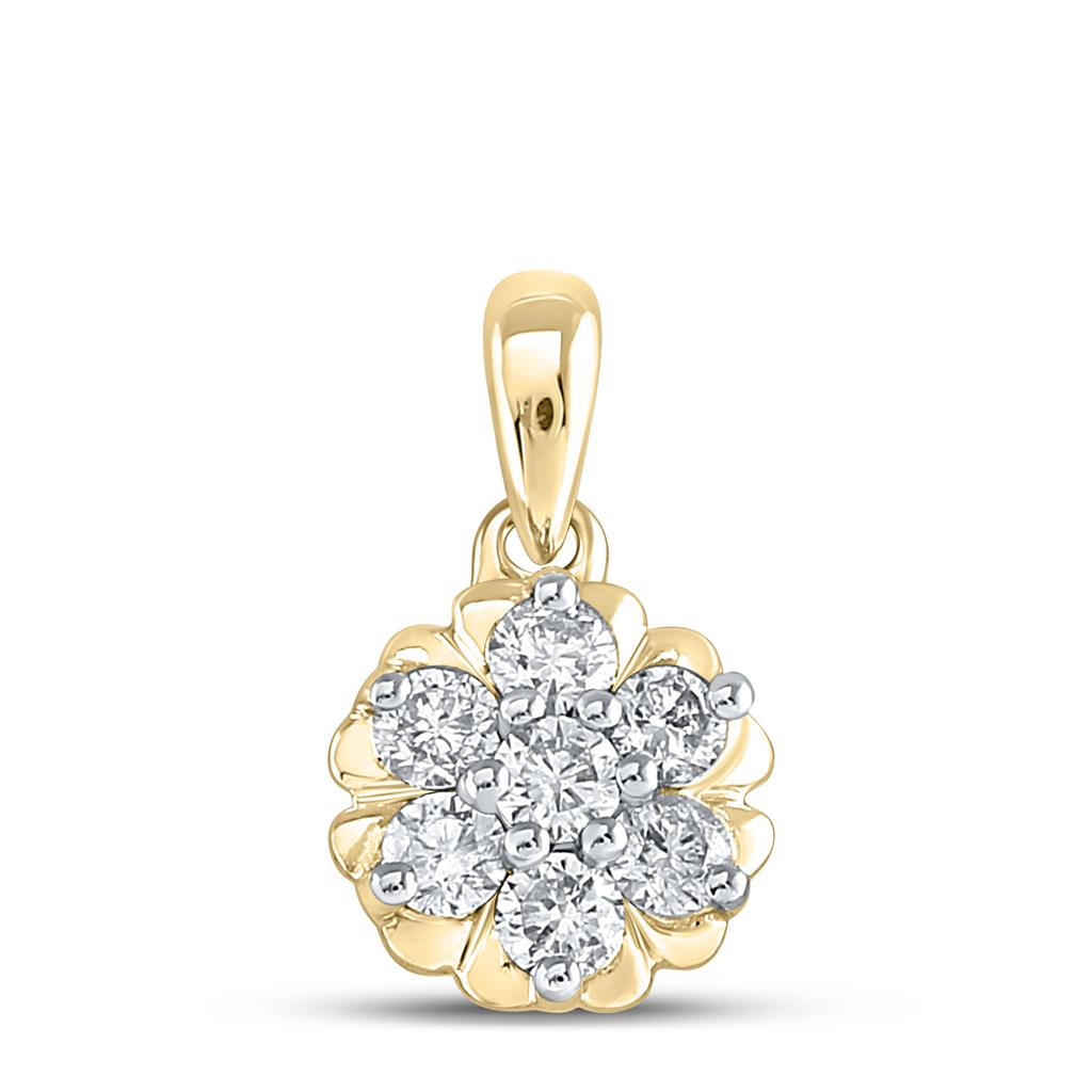 Image of ID 1 10k Yellow Gold Round Diamond Flower Cluster Pendant 1/3 Cttw