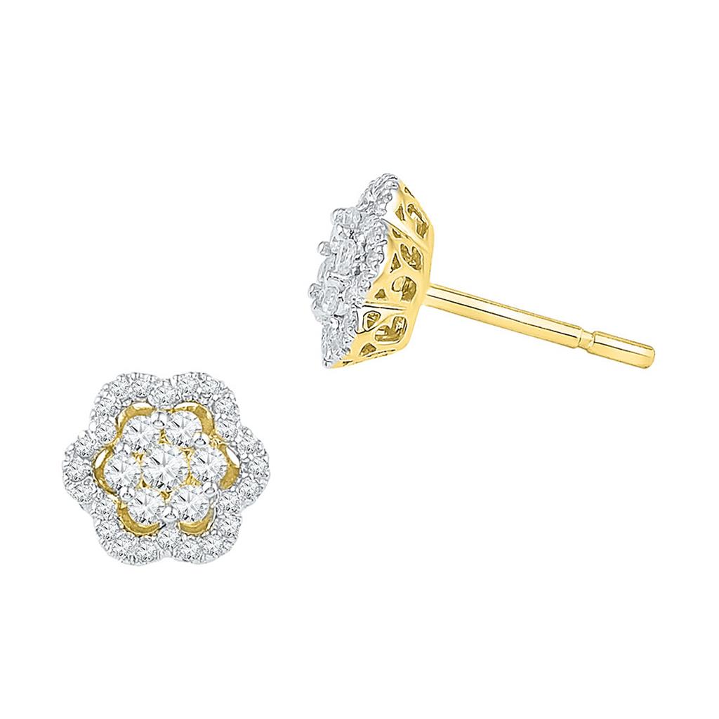 Image of ID 1 10k Yellow Gold Round Diamond Flower Cluster Stud Earrings 1/2 Cttw
