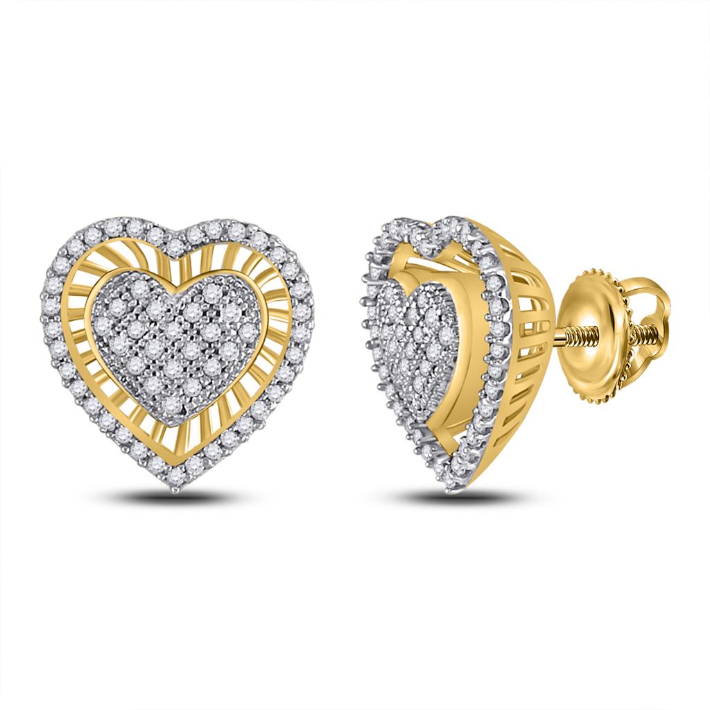 Image of ID 1 10k Yellow Gold Round Diamond Heart Cluster Stud Earrings 1/3 Cttw
