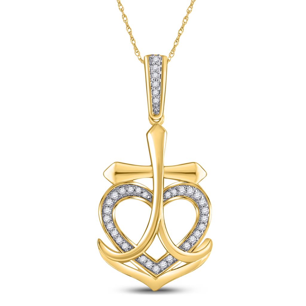 Image of ID 1 10k Yellow Gold Round Diamond Heart Cross Anchor Pendant 1/10 Cttw