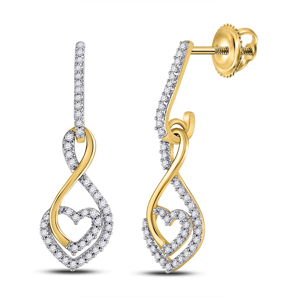 Image of ID 1 10k Yellow Gold Round Diamond Heart Dangle Earrings 1/4 Cttw