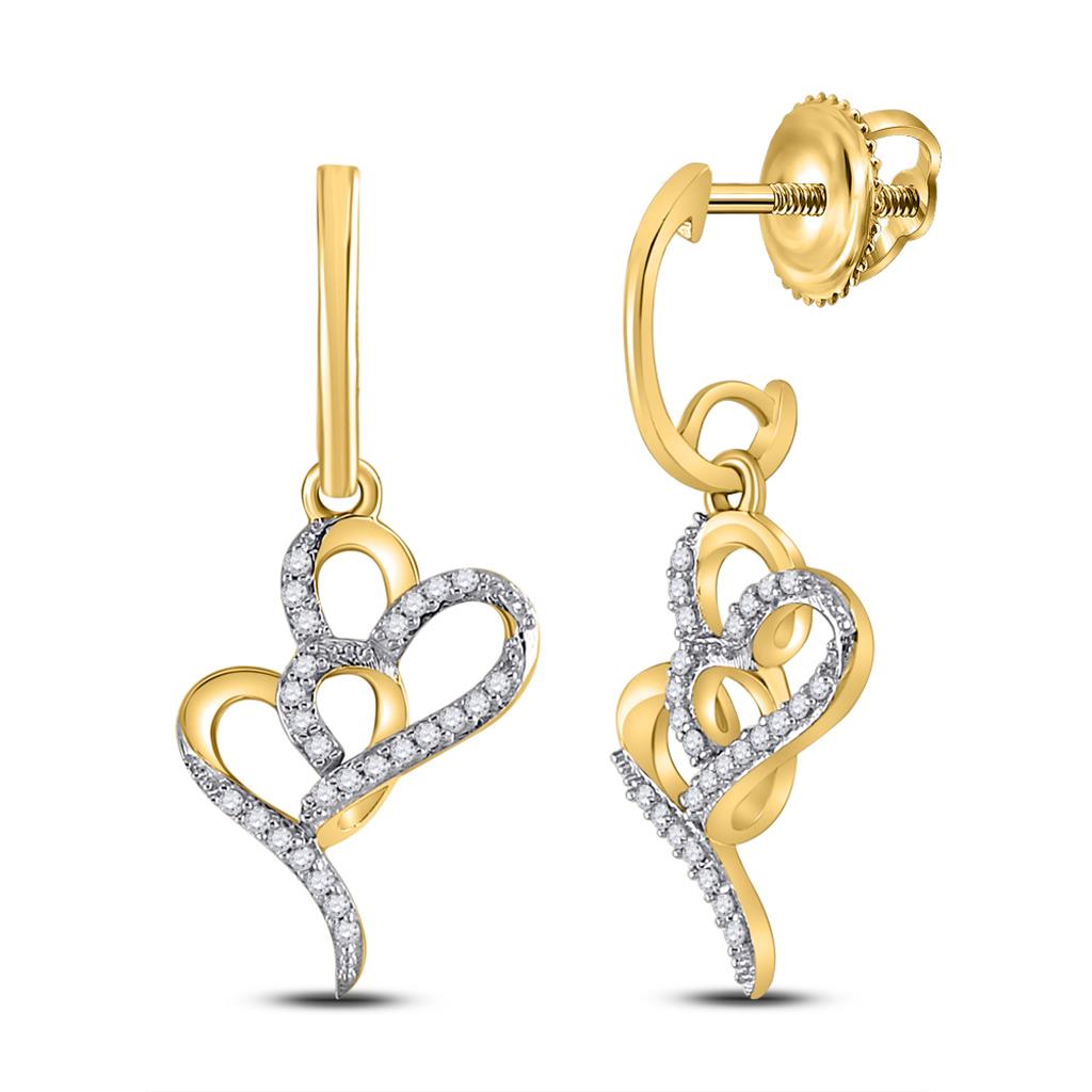 Image of ID 1 10k Yellow Gold Round Diamond Heart Dangle Earrings 1/6 Cttw