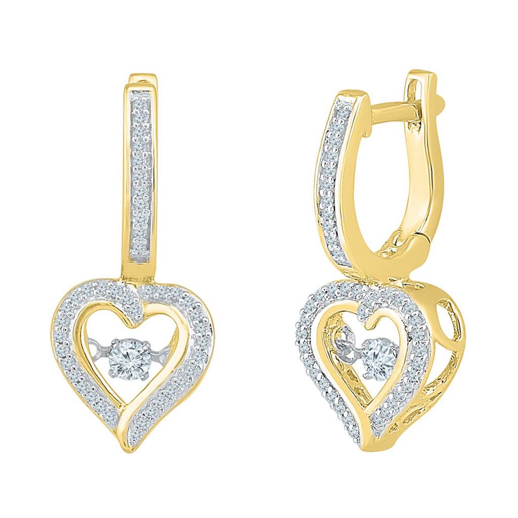 Image of ID 1 10k Yellow Gold Round Diamond Heart Dangle Hoop Earrings 1/4 Cttw