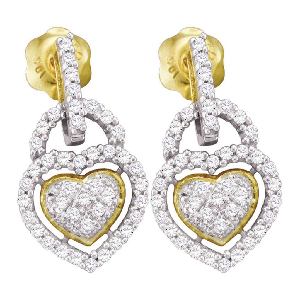 Image of ID 1 10k Yellow Gold Round Diamond Heart Frame Cluster Dangle Earrings 1/3 Cttw