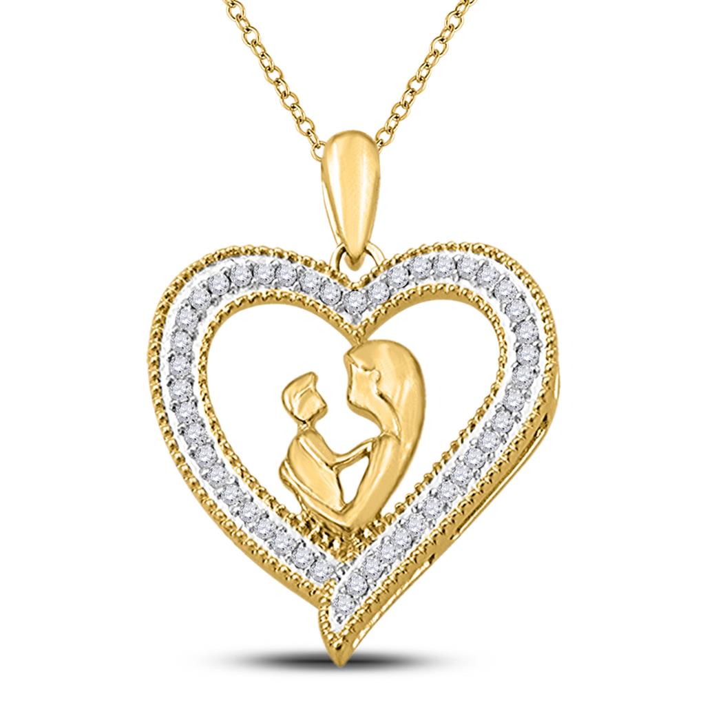Image of ID 1 10k Yellow Gold Round Diamond Heart Mother Child Embrace Pendant 1/5 Cttw