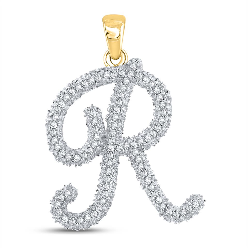 Image of ID 1 10k Yellow Gold Round Diamond Initial R Letter Pendant 1/5 Cttw