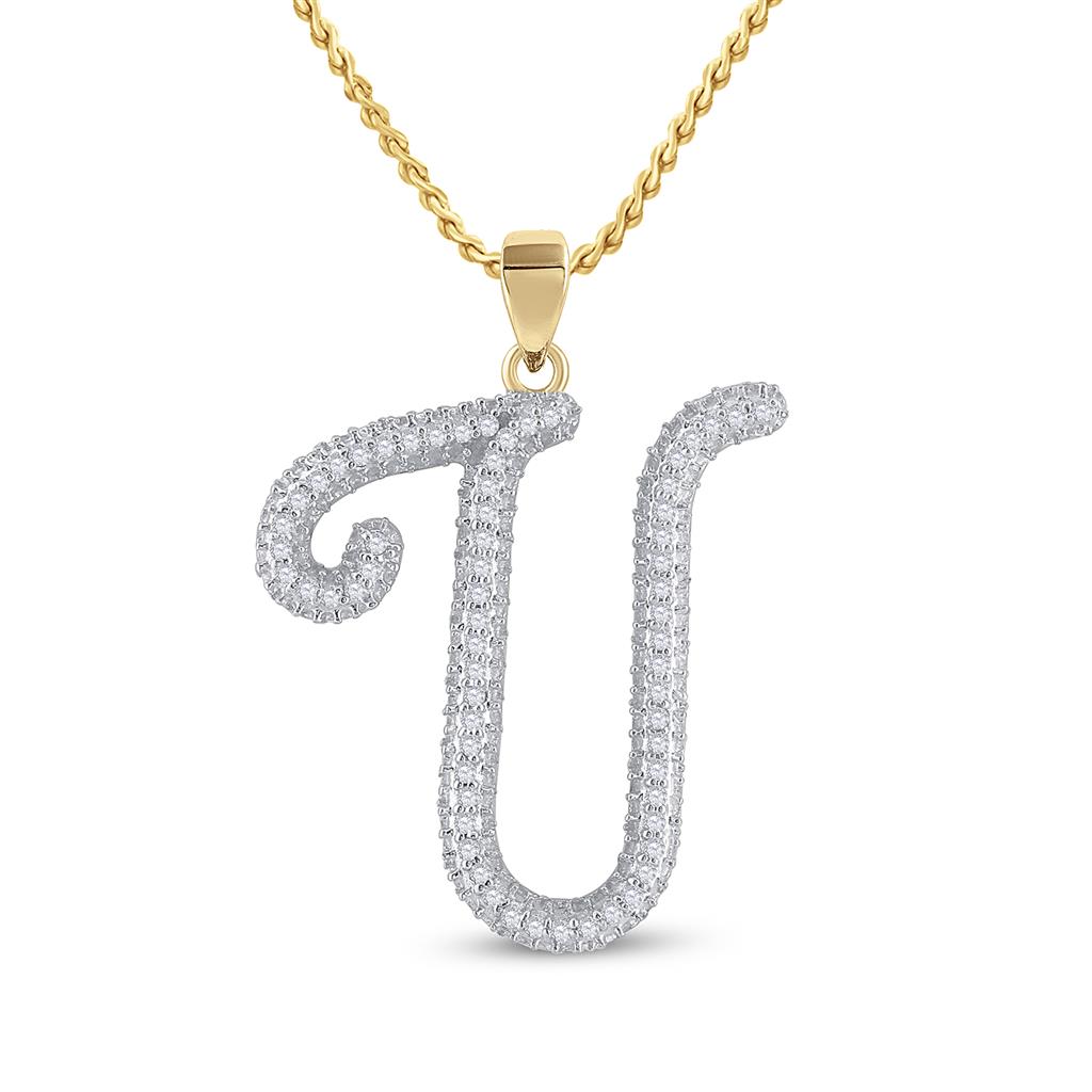 Image of ID 1 10k Yellow Gold Round Diamond Initial U Letter Pendant 1/5 Cttw