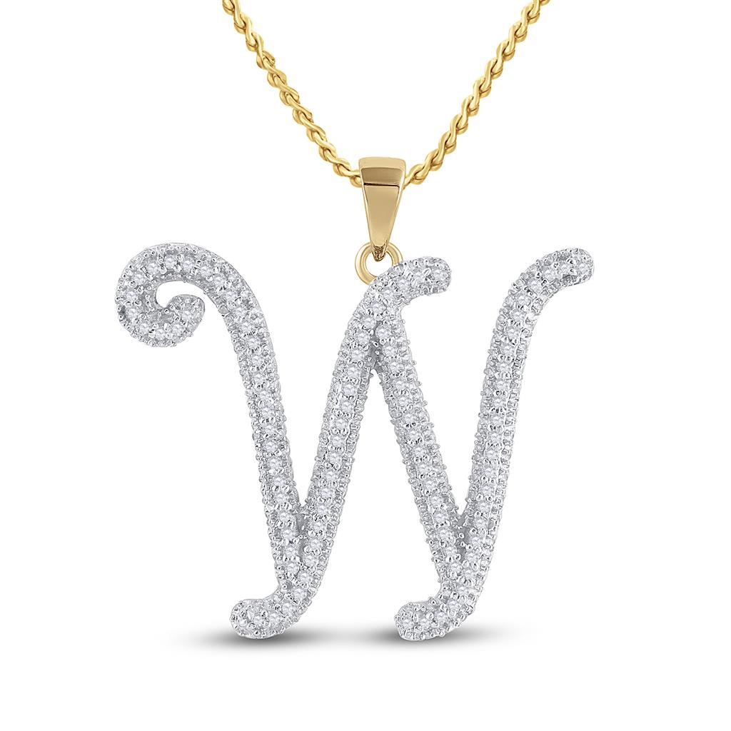 Image of ID 1 10k Yellow Gold Round Diamond Initial W Letter Pendant 1/4 Cttw