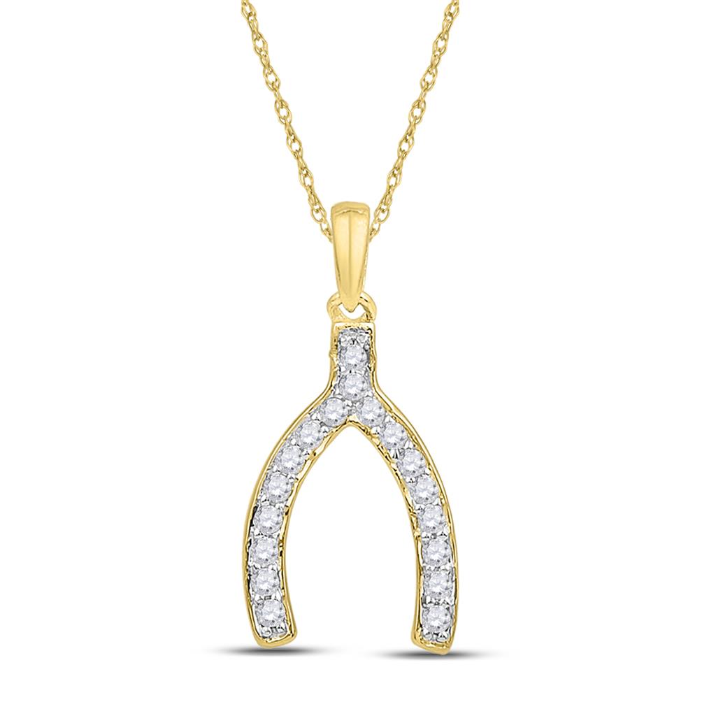 Image of ID 1 10k Yellow Gold Round Diamond Lucky Wishbone Fortune Pendant 1/6 Cttw