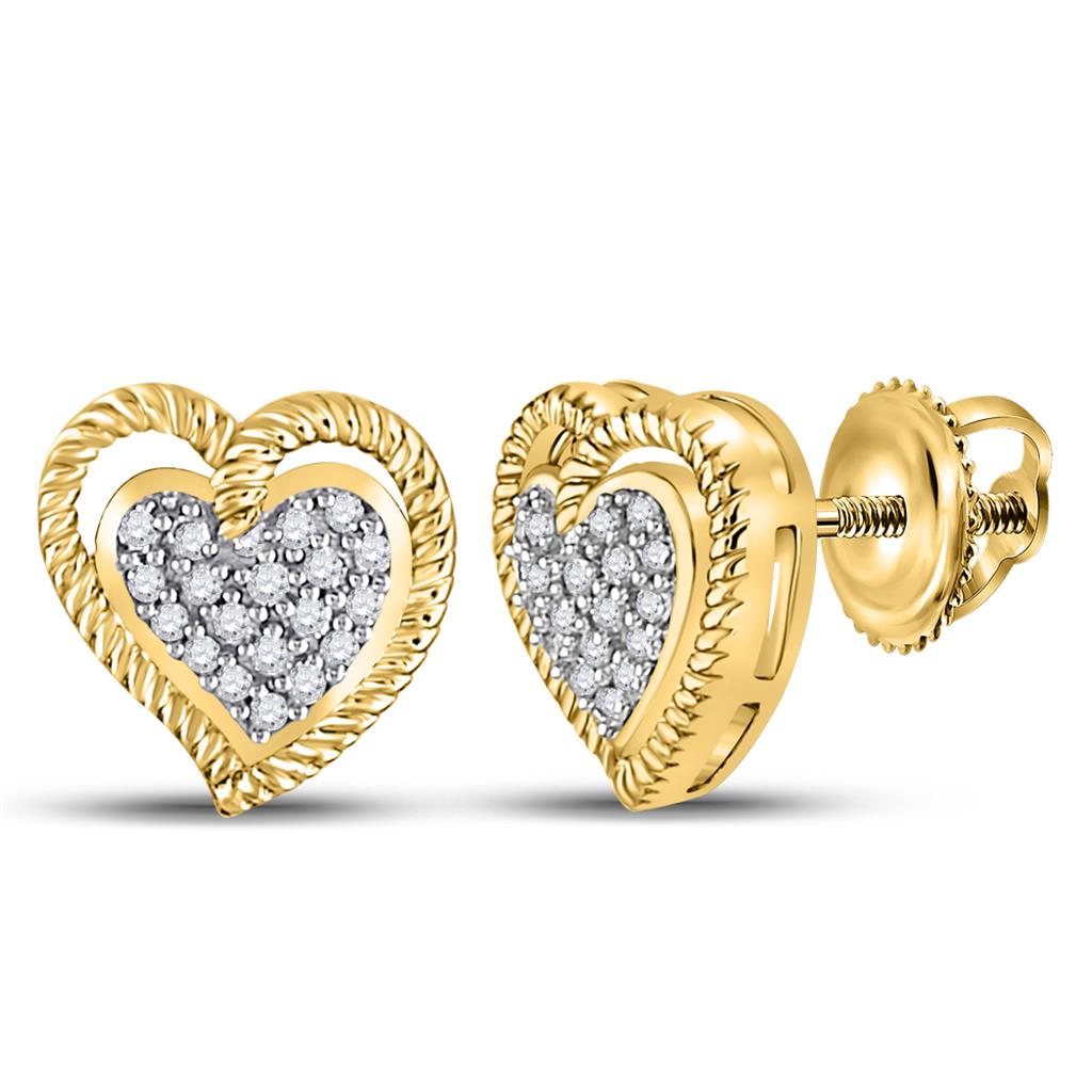 Image of ID 1 10k Yellow Gold Round Diamond Milgrain Heart Cluster Earrings 1/10 Cttw