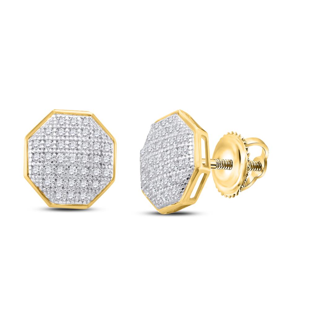 Image of ID 1 10k Yellow Gold Round Diamond Octagon Cluster Earrings 1/5 Cttw