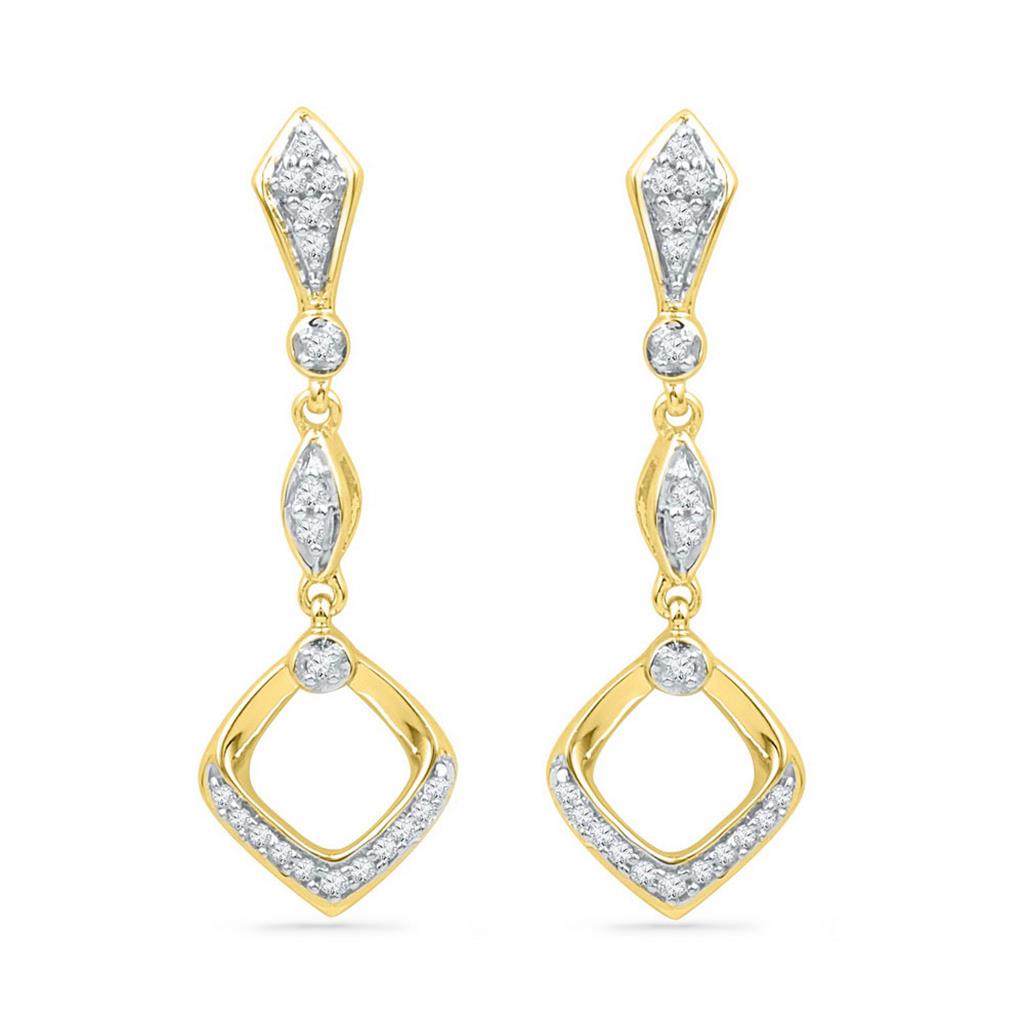 Image of ID 1 10k Yellow Gold Round Diamond Offset Square Dangle Earrings 1/6 Cttw