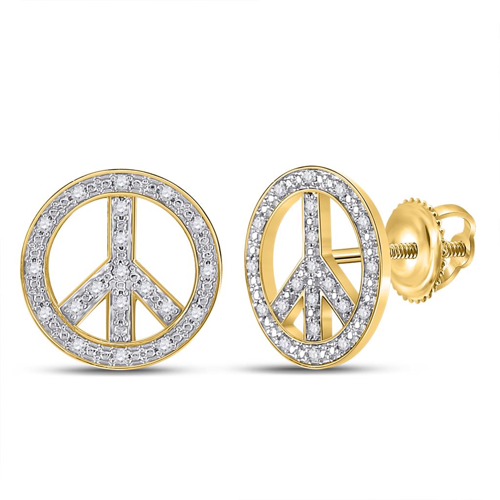 Image of ID 1 10k Yellow Gold Round Diamond Peace Sign Circle Earrings 1/6 Cttw
