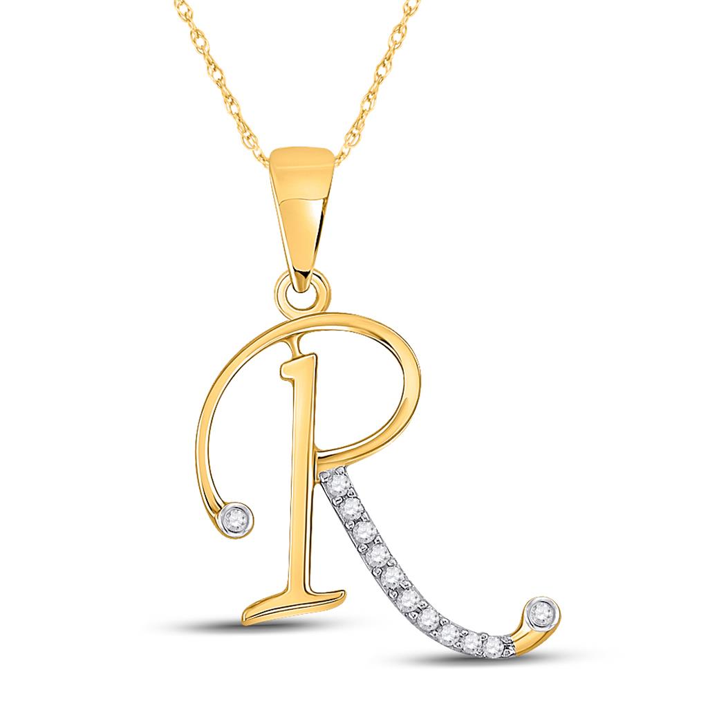 Image of ID 1 10k Yellow Gold Round Diamond R Initial Letter Pendant 1/12 Cttw