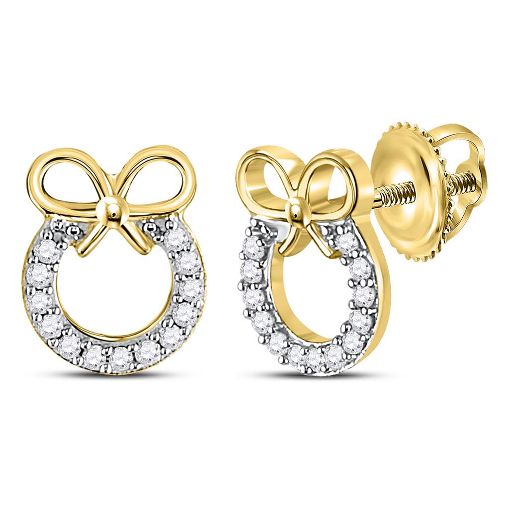 Image of ID 1 10k Yellow Gold Round Diamond Ribbon Bow Circle Earrings 1/10 Cttw