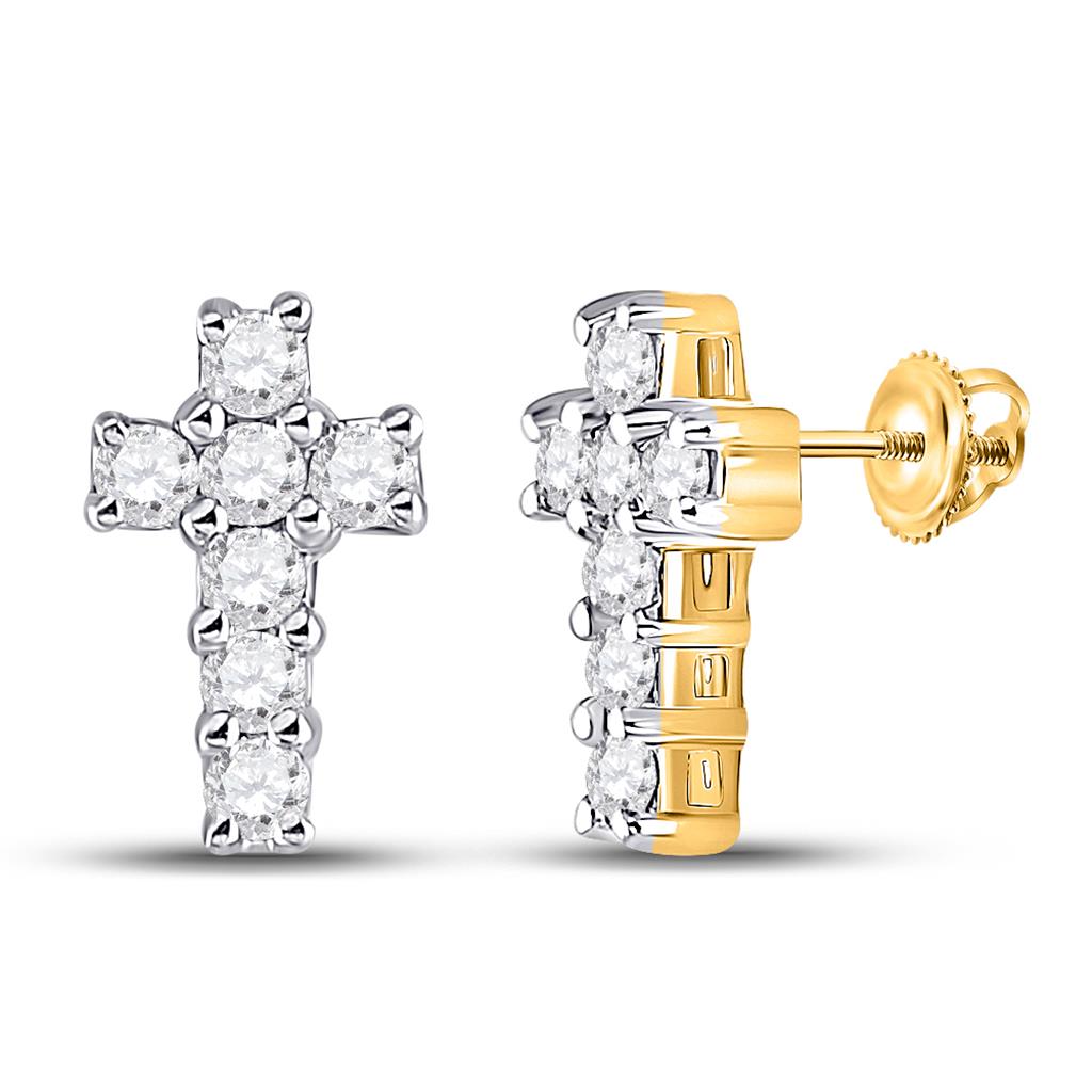 Image of ID 1 10k Yellow Gold Round Diamond Roman Cross Stud Earrings 1/4 Cttw