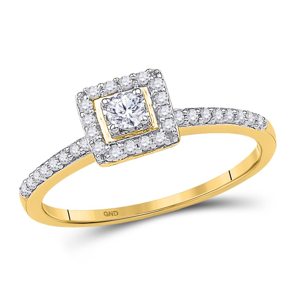 Image of ID 1 10k Yellow Gold Round Diamond Solitaire Square Halo Engagement Ring 1/4 Cttw