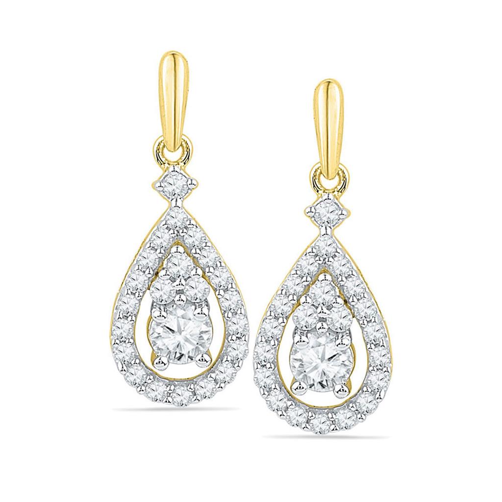 Image of ID 1 10k Yellow Gold Round Diamond Solitaire Teardrop Frame Dangle Earrings 1/2 Cttw