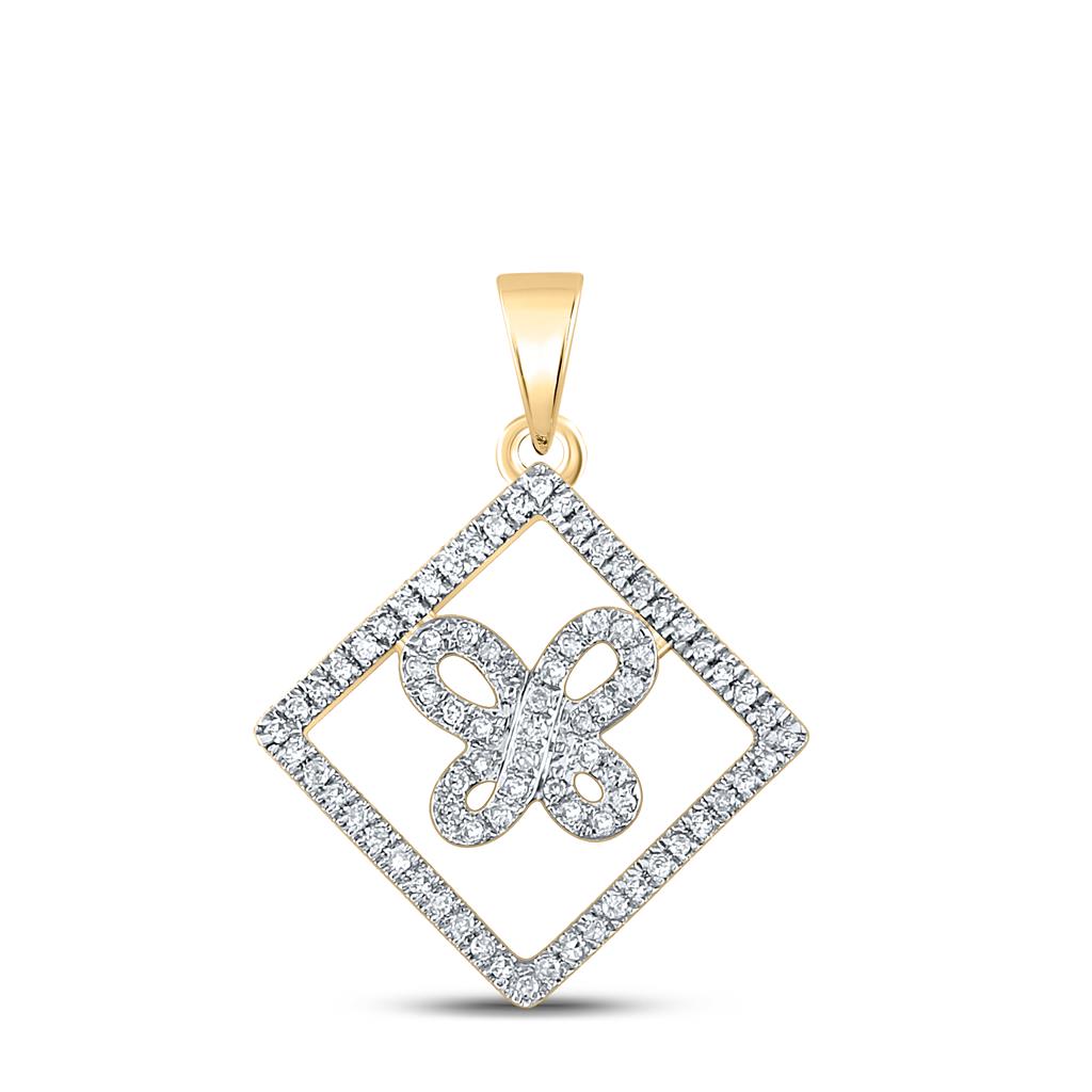 Image of ID 1 10k Yellow Gold Round Diamond Square Butterfly Pendant 1/4 Cttw