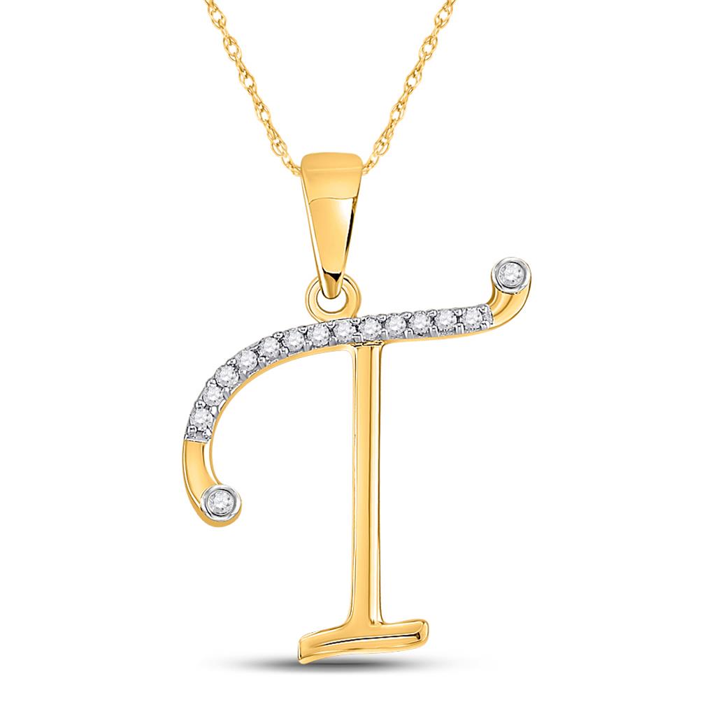 Image of ID 1 10k Yellow Gold Round Diamond T Initial Letter Pendant 1/10 Cttw