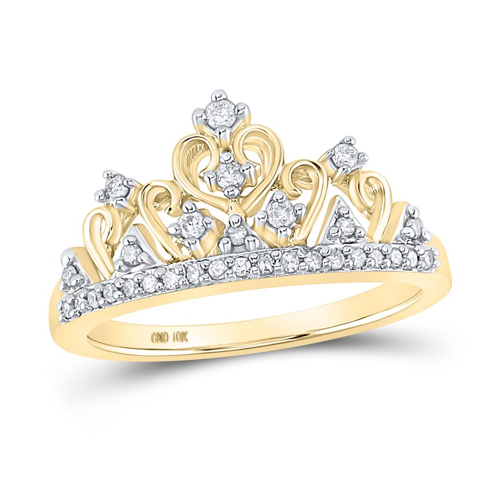 Image of ID 1 10k Yellow Gold Round Diamond Tiara Crown Band Ring 1/5 Cttw