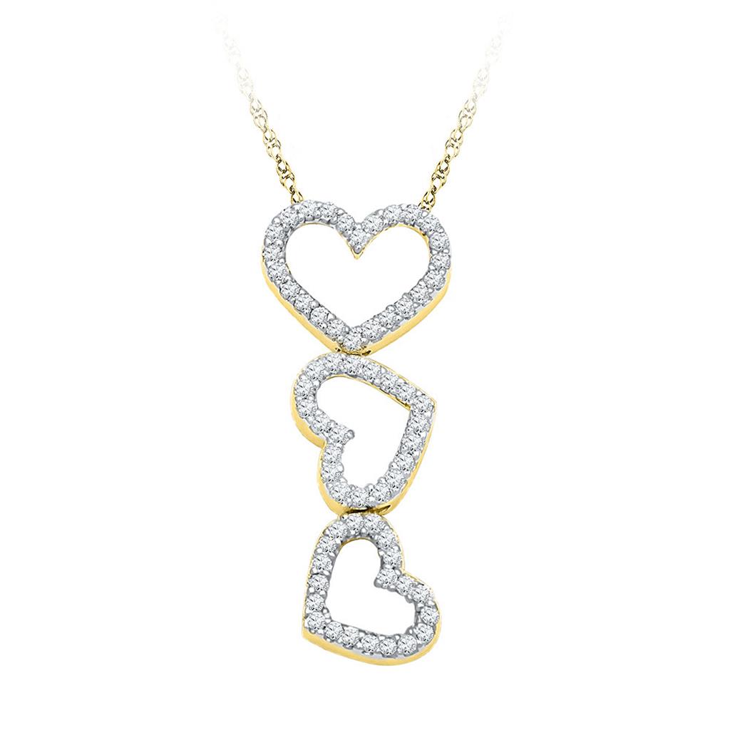 Image of ID 1 10k Yellow Gold Round Diamond Triple Cascading Heart Outline Pendant 1/5 Cttw