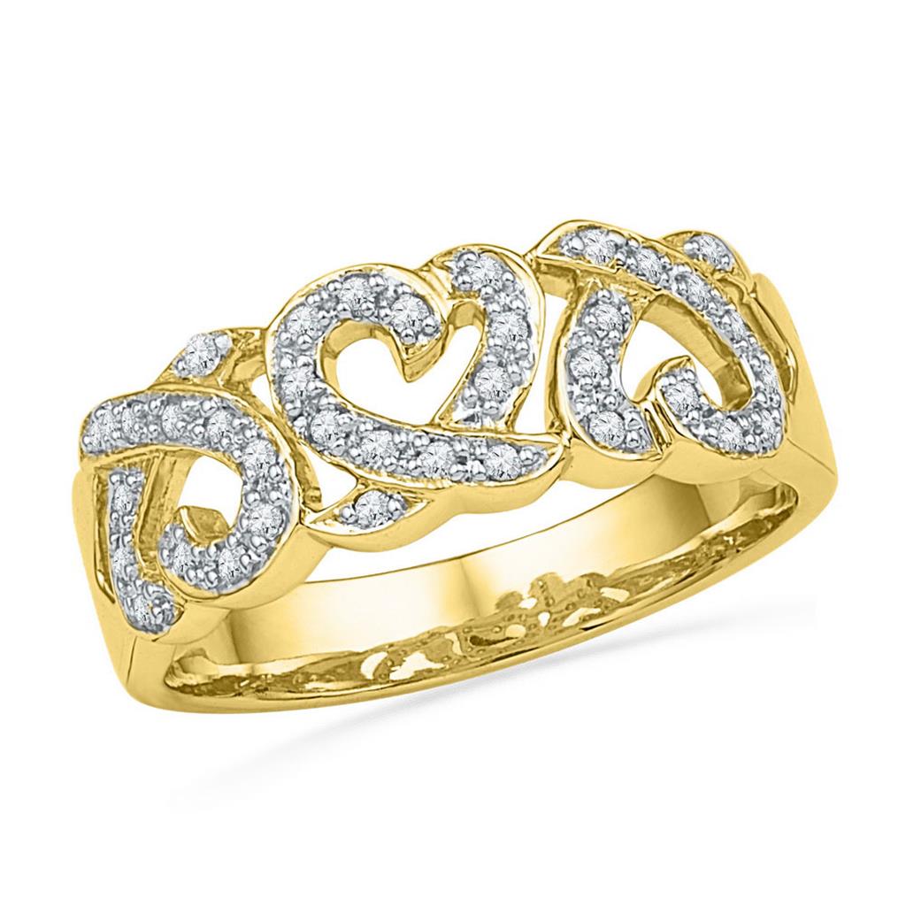 Image of ID 1 10k Yellow Gold Round Diamond Triple Heart Band Ring 1/5 Cttw