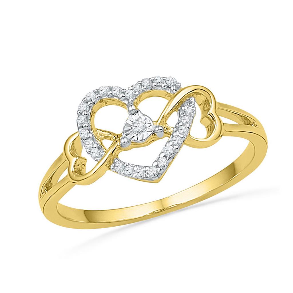 Image of ID 1 10k Yellow Gold Round Diamond Triple Heart Solitaire Ring 1/10 Cttw